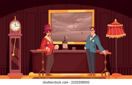 Gentlemen club cartoon poster with men in fancy clothes vector illustration