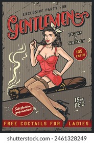 Gentlemen club colorful vintage flyer with pinup girl sitting on smoking cigar inviting men to relax vector illustration