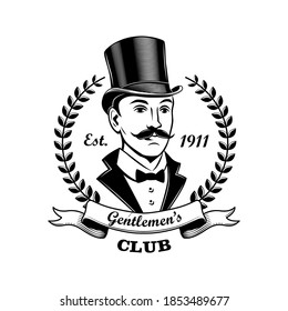 Gentlemen club emblem vector illustration. Man in smoking and top hat, laurel wreath frame. Bar, pub or shop concept for labels or badges templates