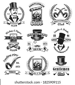 Gentlemen club emblems set. Monochrome badges templates with sirs in top hats, cigars and whiskey. Vector illustrations with text in vintage style for bar or pub emblem design