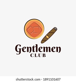 Gentlemen club logo with whiskey glass and cigar on white background