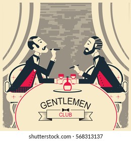 Gentlemen club.Men smoking cigarettes and talking.Vector illustration