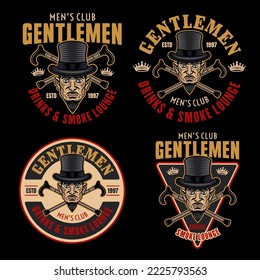 Gentlemen club vector set of emblem, logo, badge or label in cartoon colored style on dark background
