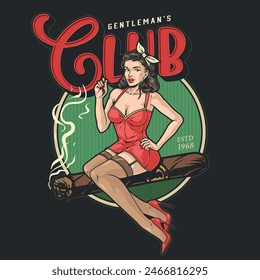 Gentlemen club vintage poster colorful with woman sitting on cigar offering to join men community vector illustration