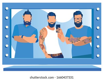 Gentlemen Customers Posing in Male Beauty Salon. Mirror Reflection of Group Tattooed Cool Handsome Young Bearded Men Wearing Trendy Clothes Making Selfie in Barbershop Cartoon Flat Vector Illustration