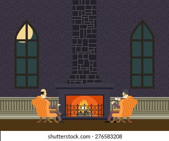 Gentlemen at Fireplace Evening Room Hall Discussing Business Concept Icon Background Flat Design Vector Illustration