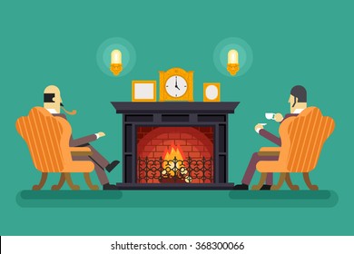 Gentlemen Fireplace Tea Drink Evening Discussing Business Concept Icon Background Flat Design Vector Illustration
