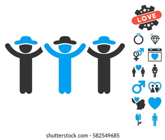 Gentlemen Hands Up Roundelay icon with bonus decorative symbols. Vector illustration style is flat iconic blue and gray symbols on white background.