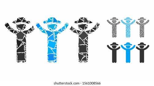 Gentlemen hands up roundelay mosaic of irregular pieces in variable sizes and color tinges, based on gentlemen hands up roundelay icon. Vector uneven pieces are organized into mosaic.
