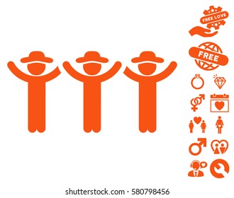 Gentlemen Hands Up Roundelay pictograph with bonus amour pictograms. Vector illustration style is flat iconic orange symbols on white background.