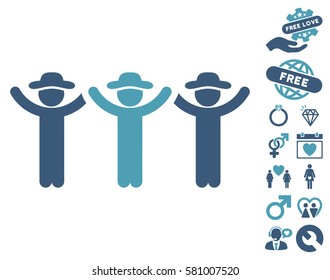 Gentlemen Hands Up Roundelay pictograph with bonus lovely graphic icons. Vector illustration style is flat iconic cyan and blue symbols on white background.