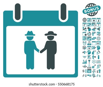 Gentlemen Handshake Calendar Day icon with bonus calendar and time management icon set. Vector illustration style is flat iconic symbols, soft blue, white background.