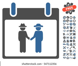 Gentlemen Handshake Calendar Day pictograph with bonus tools pictures. Vector illustration style is flat iconic symbols, cobalt and gray, white background.
