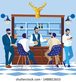 Gentlemen or Hipsters Stand at Bar Counter Desk with Bearded Barman. Stylish Men in Classic Suits Smoking Cigars, Drinking Alcohol Drinks in Male Club or Barbershop Cartoon Flat Vector Illustration