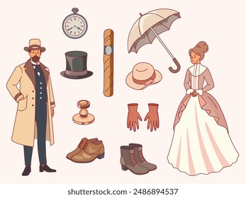 Caballeros y damas Elementos. Pareja aristocrática en vestimenta victoriana, accesorios retro del siglo XIX, sombrero, reloj de bolsillo, cigarro, zapatos elegantes, ilustración aislada plana de dibujos animados, conjunto de Vector