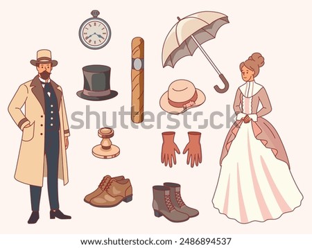 Gentlemen and ladies elements. Aristocratic couple in victorian clothing, 19th century retro accessories, hat, pocket watch, cigar, elegant shoes, cartoon flat isolated illustration, vector set