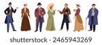 Gentlemen and ladies. Male and female fashion of 19th century in Europe. Aristocratic gowns and costumes. Victorian outfit. Women classic dress. Men tuxedo and hat