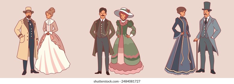 Caballeros y damas con ropa vintage. Personajes aristocráticos, personajes femeninos y masculinos elegantes de pie, parejas del siglo XIX, sombreros, batas, conjunto de Vector aislado de estilo plano de dibujos animados