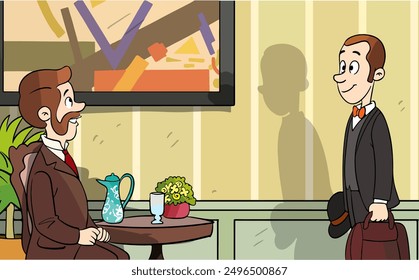 Gentlemen in the living room. Old style interior, elegantly dressed people, aristocrats in retro clothes, Victorian people with moustaches, 19th century male characters, cartoon flat vector concept