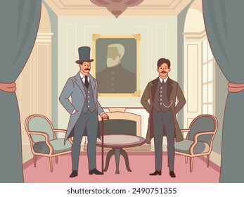 Gentlemen in living room. Vintage interior, elegantly dressed men, aristocrats in retro clothes, victorian people with moustaches, 19th century male characters, cartoon flat vector concept