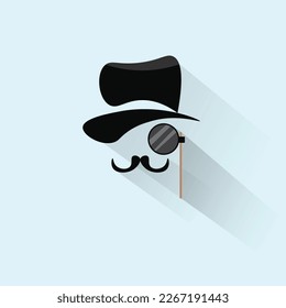 Gentlemen, monocle Cartoon glasses and an old classic hat. Male face, mask