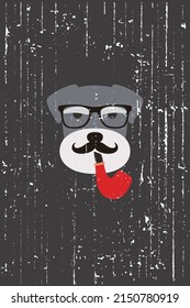 Gentlemen mustache dog wear glasses and with a tobacco pipe like a man, Fashion portrait of dog