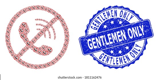 Gentlemen Only dirty round stamp seal and vector recursive collage no phone calls. Blue stamp seal includes Gentlemen Only tag inside round shape.