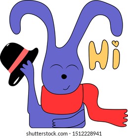 Gentlemen rabbit say hi with the hat. Vector illustration.