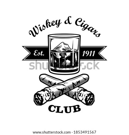 Gentlemens bar vector illustration. Glass of whiskey with ice cubes, crossed cigars, text. Bar or pub concept for labels or badges templates