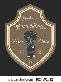 Gentlemen's barbershop shaving brush, hair cuts. Decoration elements, arrows. Black and brown poster isolated in frame. Vintage barbershop lettering for signboard, label, sticker, poster, logo