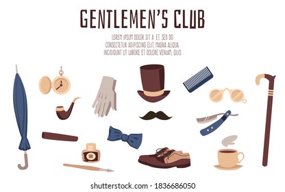 Gentlemens club web banner with various vintage fashion items, flat vector illustration. Website page template with 19th century or Victorian era gentleman symbols.