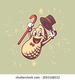 Gentlemen's happy peanut mascot, this cool and funny image is suitable for logos for snack products made from peanuts, also suitable for t-shirts, posters and merchandise design elements,