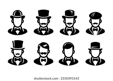 Silueta de caballeros con accesorios. Bigote, corbata y sombrero. Icono de Vector de hombre bigote.