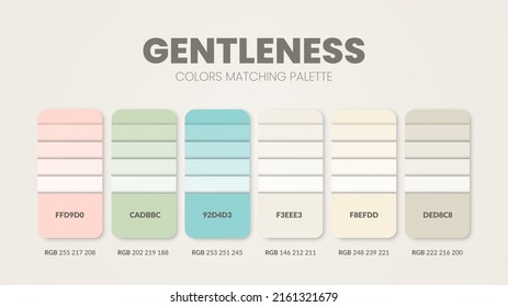 Gentleness color palettes or color schemes are trend combinations and palette guides this year, table color shades in RGB or HEX. A color swatch for a tropical summer fashion, home, or interior design