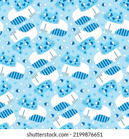 Gently blue background wallpaper with cats for baby boys. Nice seamless pattern with striped pets. Big-eyed animals for fabric prints of infants. Cute texture for baby shower holiday product design.