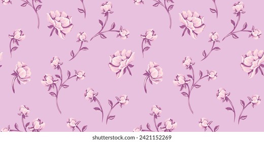 Gently cute seamless pattern with rosebuds, roses. Vector drawn illustration abstract artistic ditsy flowers. Purple rose on the pink background. Template for textile, fashion, printing, fabric