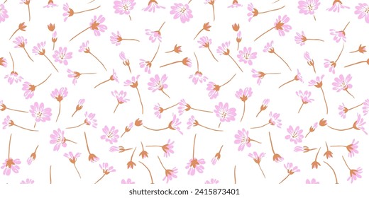 Gently elegance simple floral seamless pattern on a white background. Vector hand drawn sketch. Creative tiny shape wild flowers. Design for fashion, fabric, and textile.