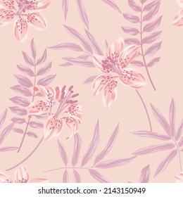 Impresión floral suave, patrón sin fisuras con plantas tropicales en colores rosa pastel. Fondo botánico romántico con lirio exótico, varias hojas. Ilustración vectorial.