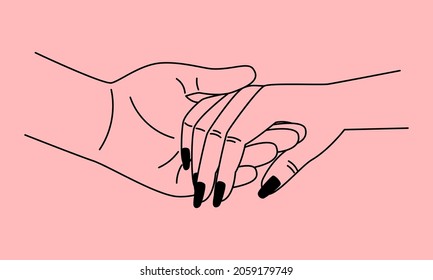 Gently hold hand. Gentle man holding woman arm minimal linear vector illustration, people holds palms wedding invitation beautiful sketch drawing, romance inviting welcom concept isolated