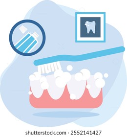 Mueva suavemente el cepillo hacia adelante y hacia atrás en el concepto de carrera corta de dientes, cepillado de superficies de masticación de dientes, diseño de íconos de color de Vector, símbolo de odontología, signo de atención médica, ilustración de instrumentos dentales