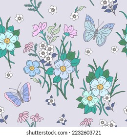 A gently pastel pattern of blooming summer flowers and butterflies. Background in small colorful flowers for textiles, fabrics, cotton fabric, covers, scrapbooking.