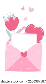 Gently pink envelope with a pink valentine, a flower, a note and hearts. Clipart. 