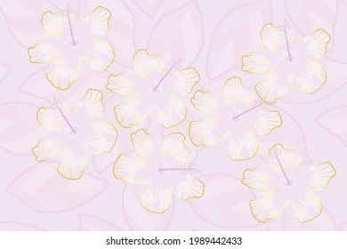 gently pink with gold hibiscus flowers on a light background, seamless vector pattern