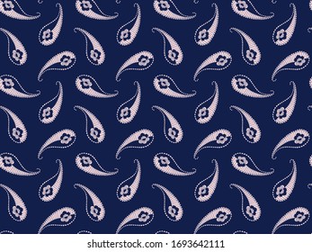 Gently pink paisley seamless pattern with stripes and flowers inside on an indigo background. Endless texture of hand-drawn indian and turkish cucumbers. Wallpaper, fabric, clothing, textile. Vector.