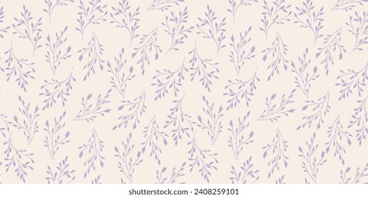 Gently purple seamless pattern with tiny shape branches. Abstract small floral stem printing. Simple plants textured on a light background. Vector hand drawn sketch. Design for fashion, fabric 