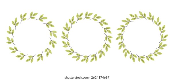 Gently simple flower circle frame. Hand drawn botanical round border, green branches wreath, laurel. Design for invitation, card, banner, logo. Vector illustration in flat style