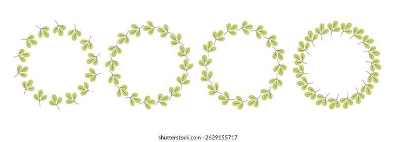 Gently simple flower circle frame. Hand drawn botanical round border, green branches wreath, laurel. Design for invitation, card, banner, logo. Vector illustration in flat style