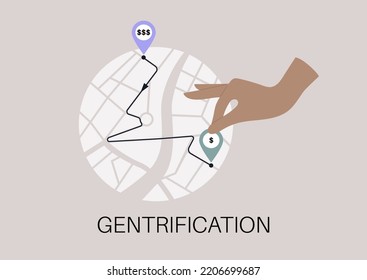 Gentrification, a hand moving a geo tag from one neighbourhood to another, cheaper location