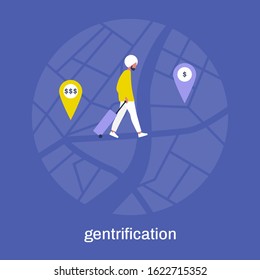 Gentrification, young indian male character moving from one neighbourhood to another, cheaper location