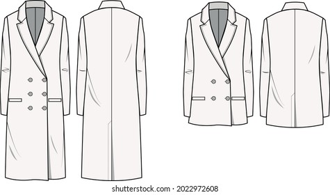 Blazer largo para caballeros y damas, plantilla vectorial básica para Blazer, frontal y posterior, dibujo, bocetos planos.